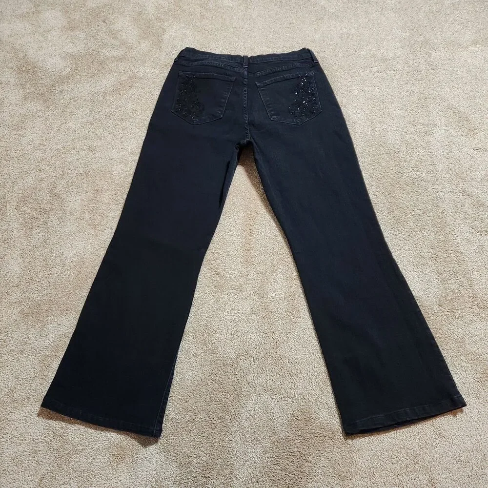 NYDJ Jeans Women 14P Black Mid Rise Bootcut Studded Back Pockets Made In USA